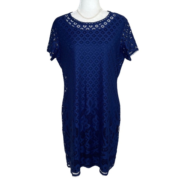 Isaac Mizrahi Dress Stretch Lace Sheath Short Sleeve Navy Blue US Medium M - Picture 5 of 16